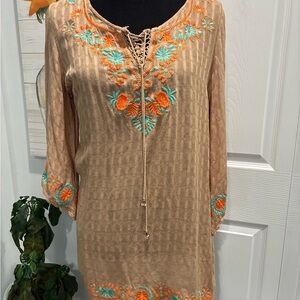Umgee Tan Top with Orange and Blue Embroidery